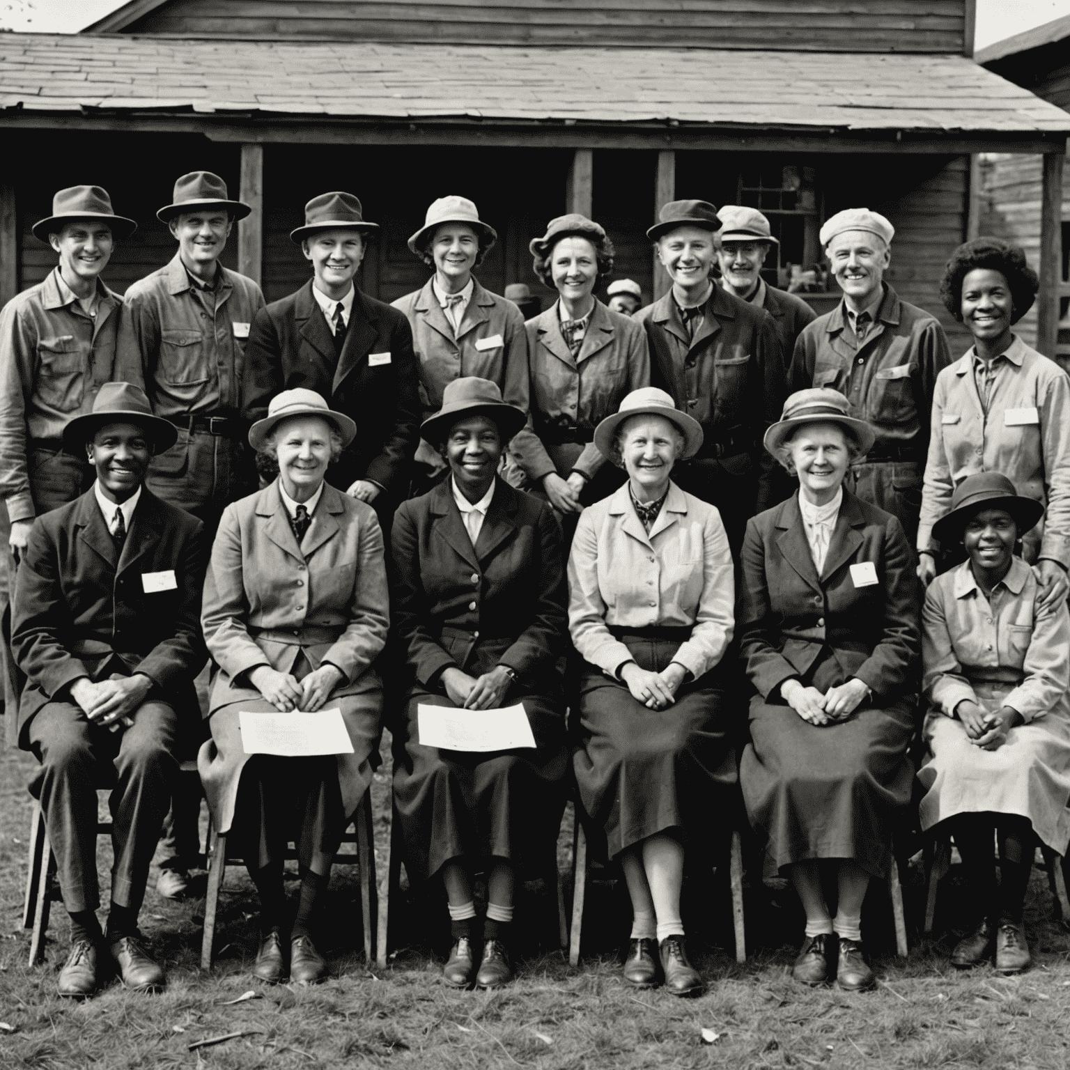 A black and white photograph showing a diverse group of volunteers from different eras, symbolizing the rich history of volunteering