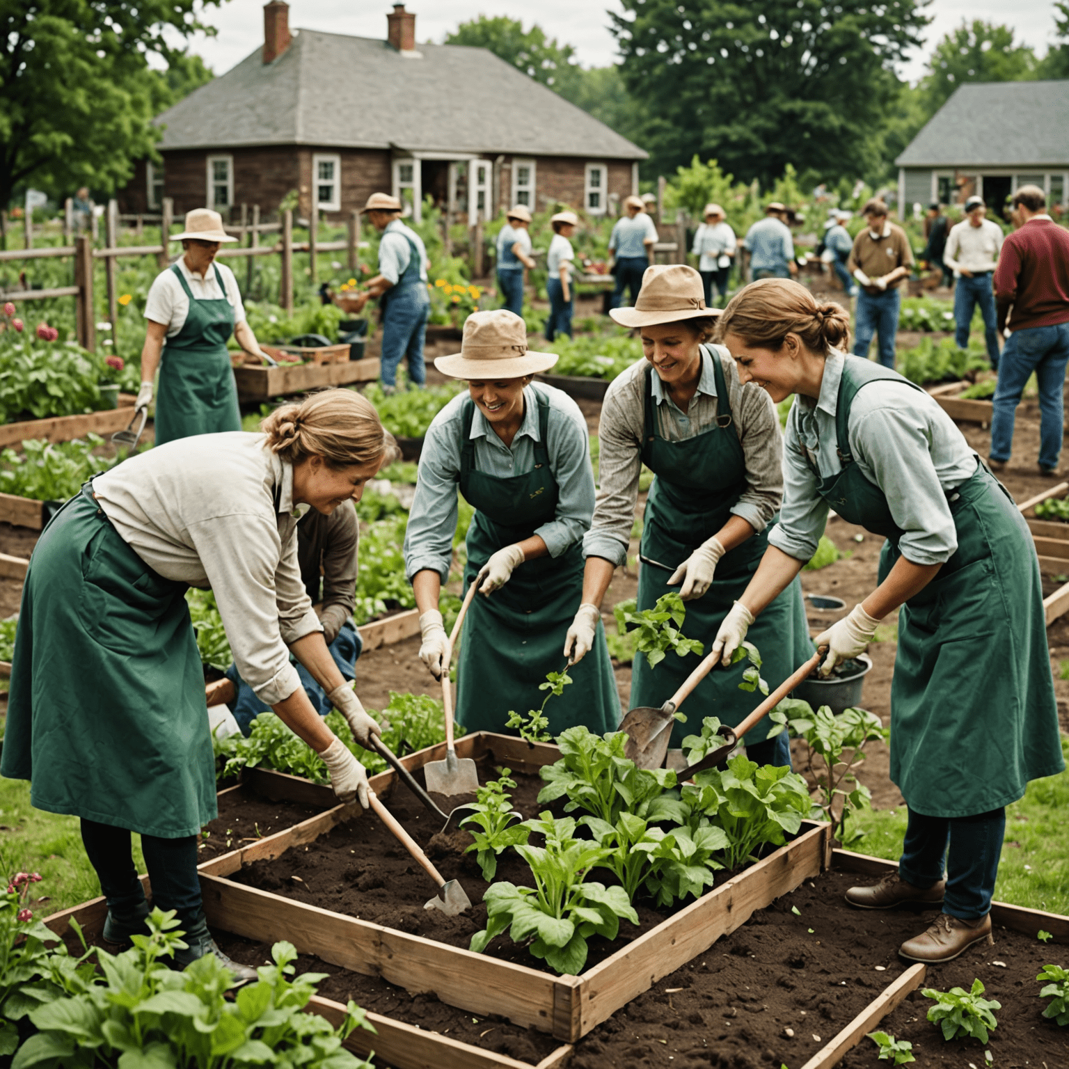 Historical image of volunteers working together in a community garden, showcasing the spirit of collaboration and service