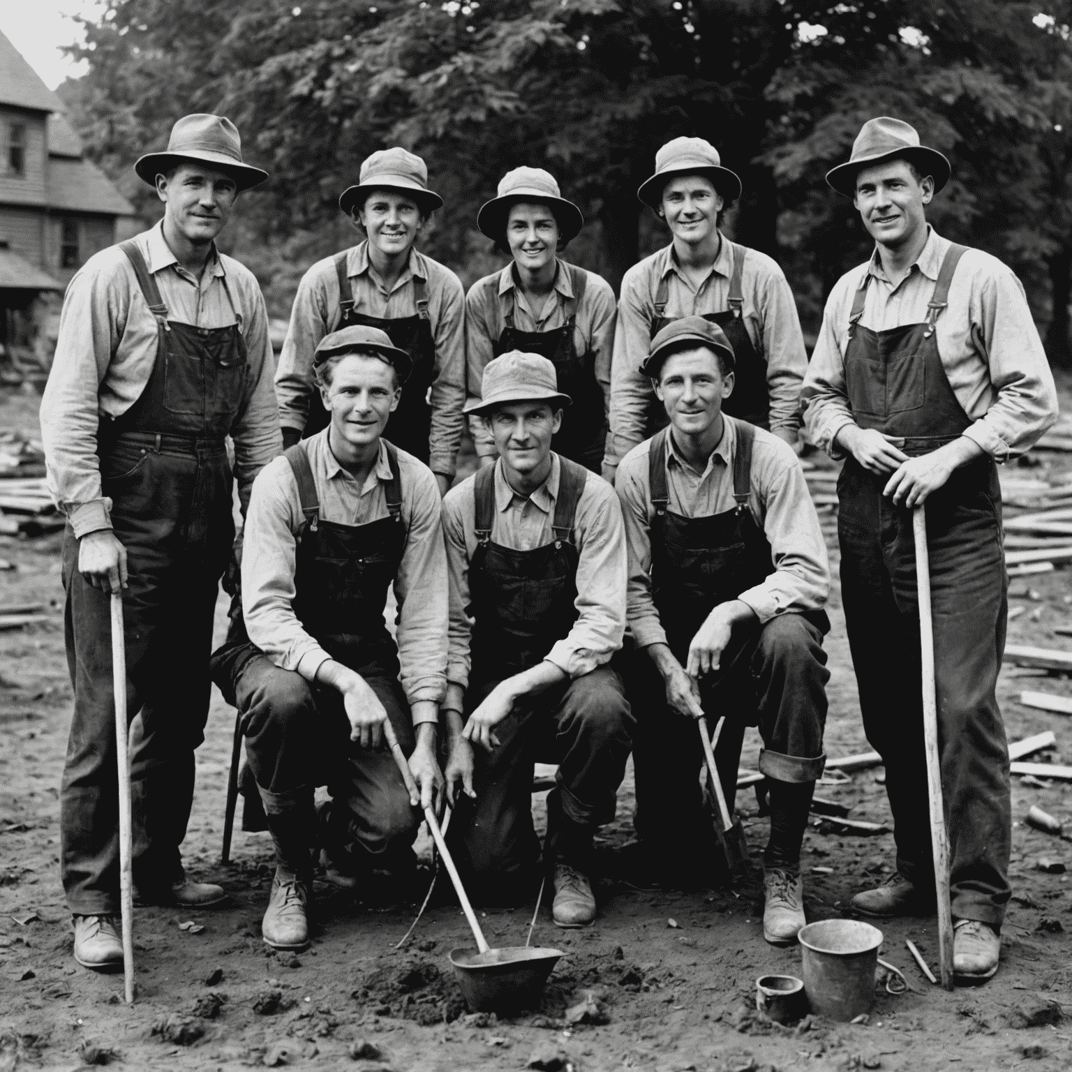 A black and white photograph showing a group of volunteers from the early 20th century, working together on a community project. The image captures the spirit of cooperation and dedication that has been a hallmark of volunteering throughout history.