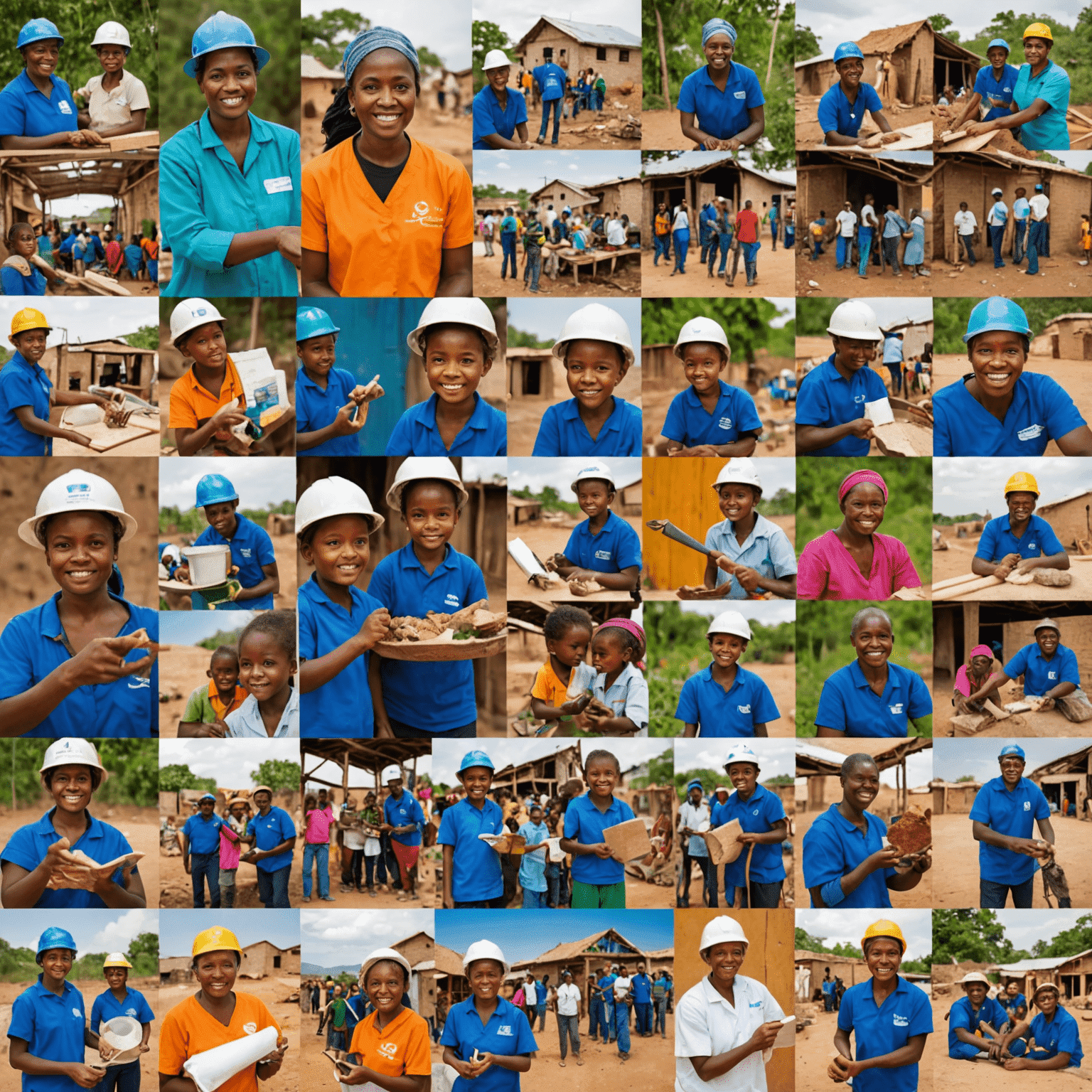 A collage of diverse volunteers working on various global projects, including building homes, teaching children, and providing medical care in different parts of the world