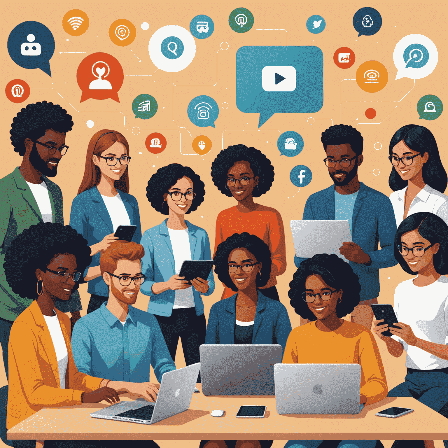 A group of diverse people using laptops and smartphones, representing virtual volunteering. The image shows individuals of different ages and backgrounds collaborating online, with icons of various digital platforms floating around them.
