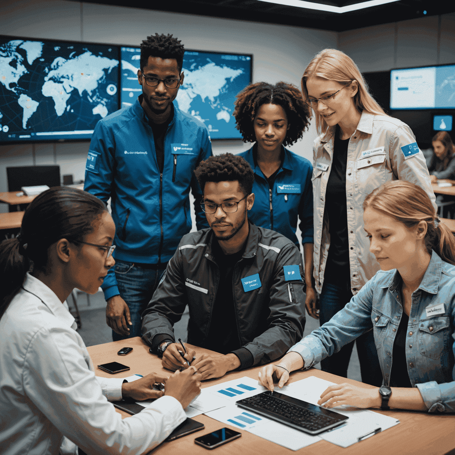 A diverse group of volunteers using futuristic technology to collaborate on global projects, symbolizing the future of volunteering