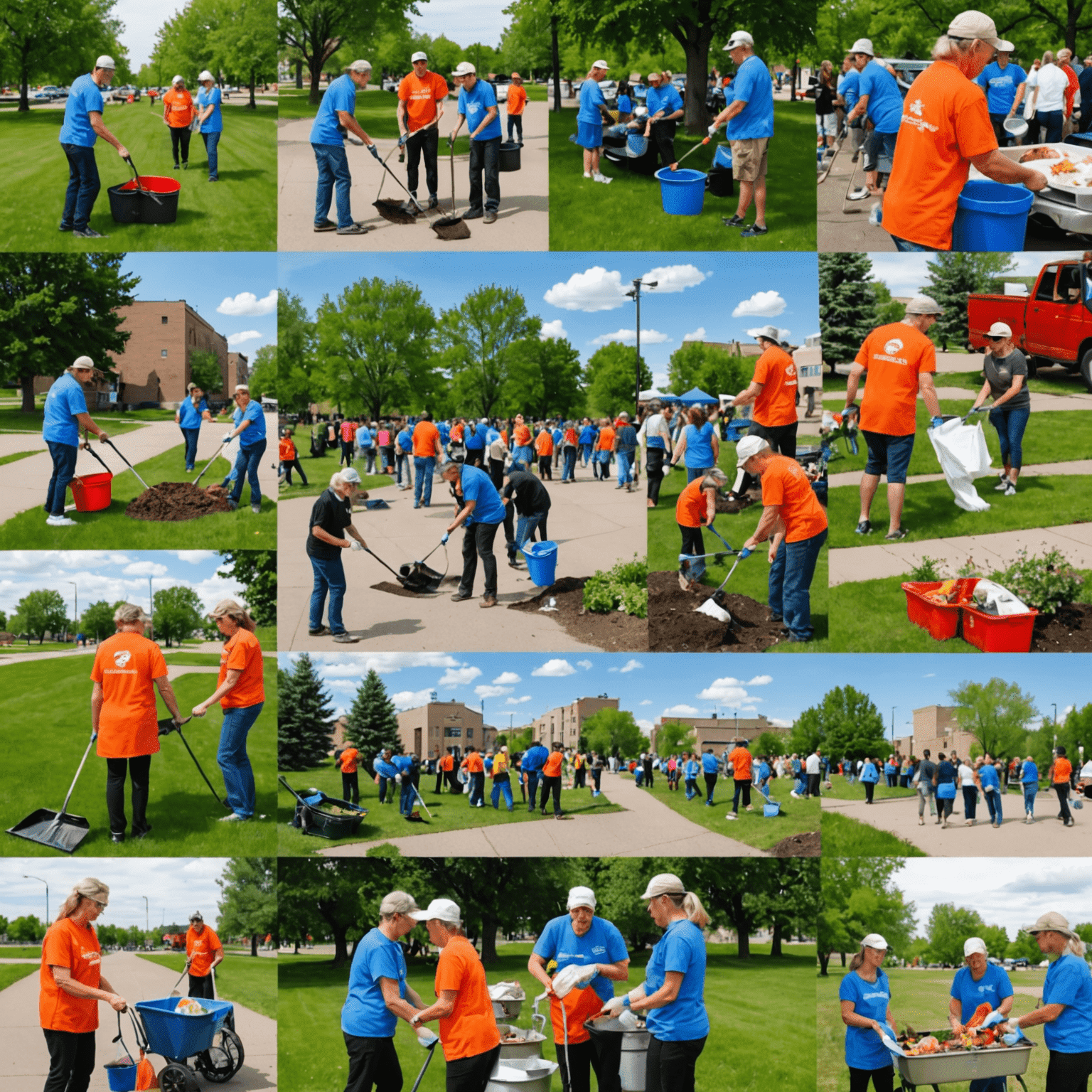 A collage of images showing various volunteer activities in Saskatoon. The images include people cleaning up parks, serving at soup kitchens, and participating in community events, all showcasing the vibrant volunteer spirit of the city.
