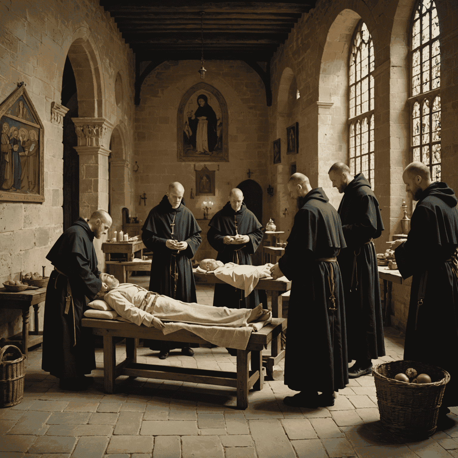 Medieval monks tending to the sick in a monastery infirmary, showcasing early organized volunteer efforts