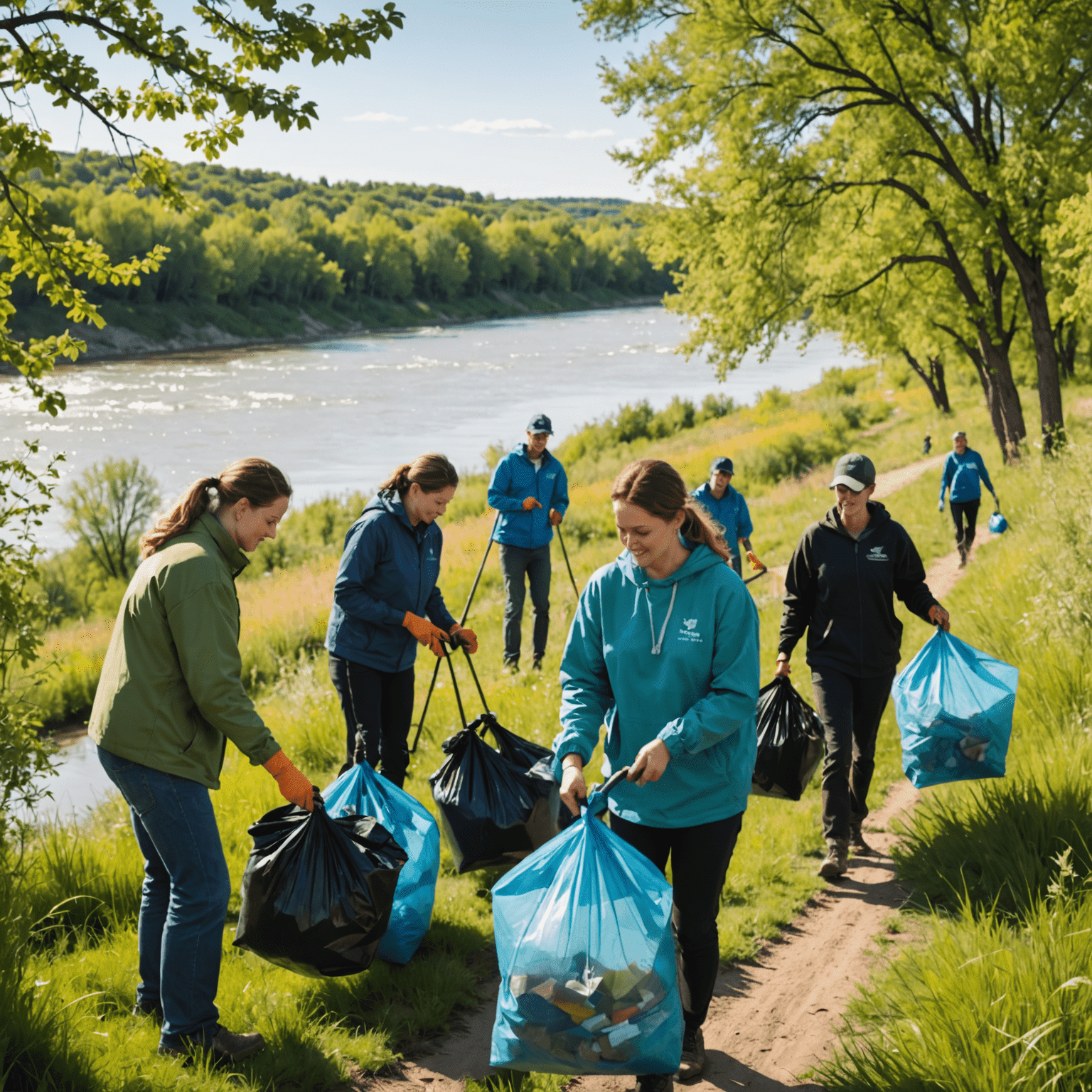 Volunteers cleaning up the South Saskatchewan River Valley, carrying bags of collected waste and using litter pickers. The image shows a diverse group of people working together to preserve Saskatoon's natural beauty.