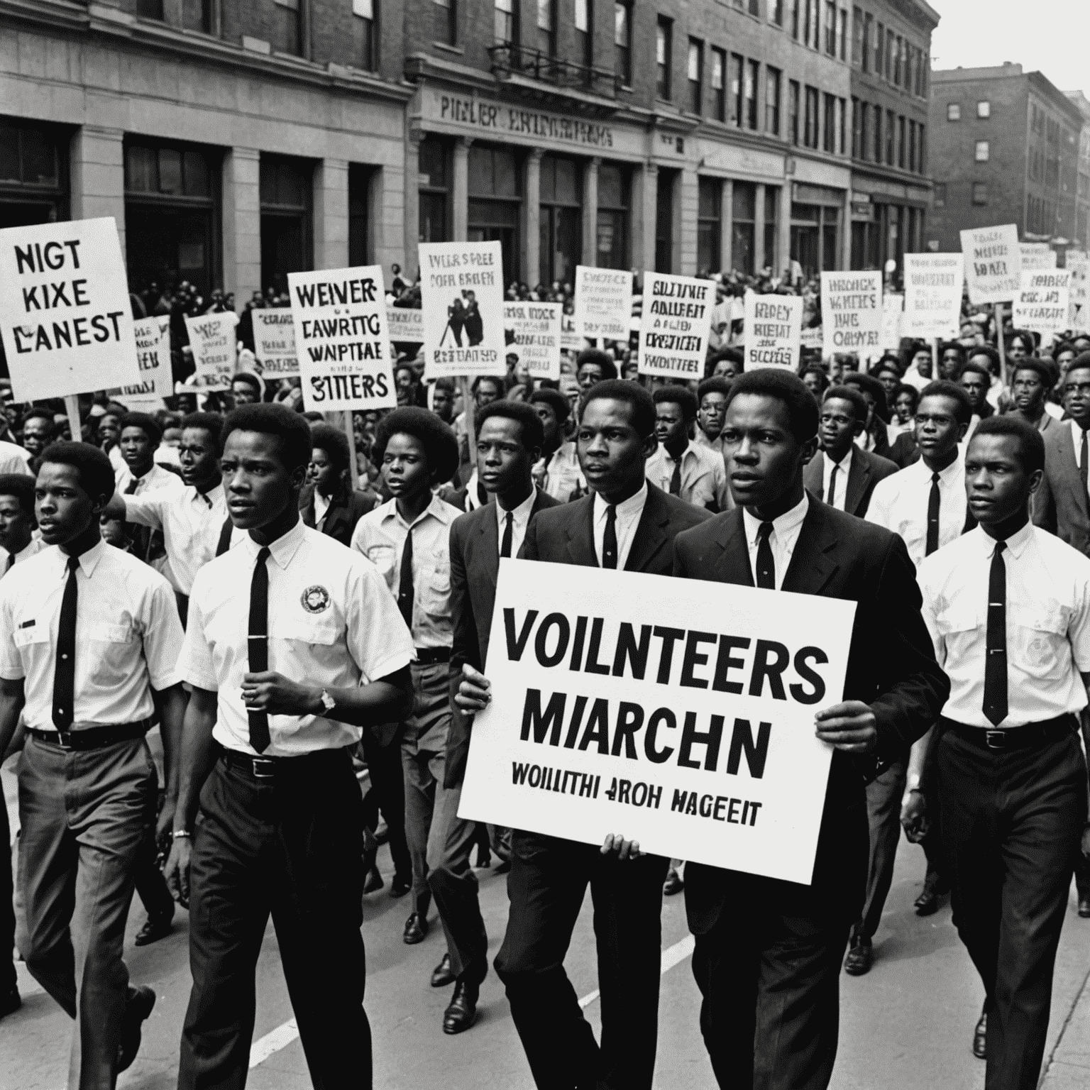 Historical black and white photograph showing volunteers participating in a civil rights march, carrying signs and banners