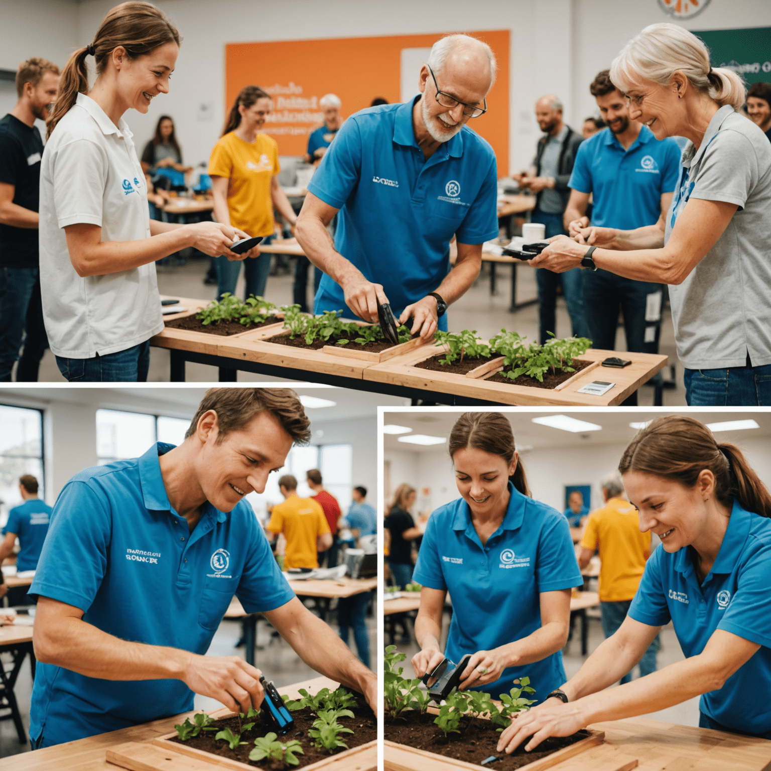 A split-screen image showing volunteers using advanced technology on one side and engaging in hands-on community work on the other, illustrating the blend of digital and physical volunteering in the future