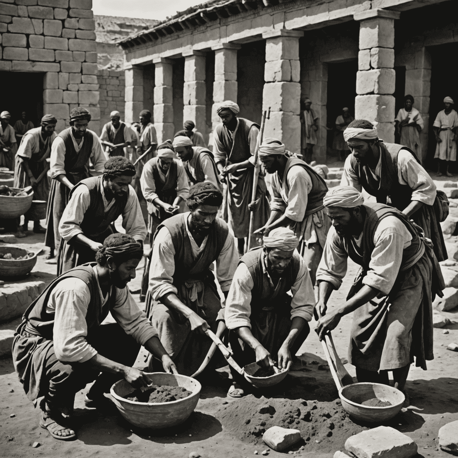 Black and white image of people volunteering in ancient times, showing community service activities from various civilizations