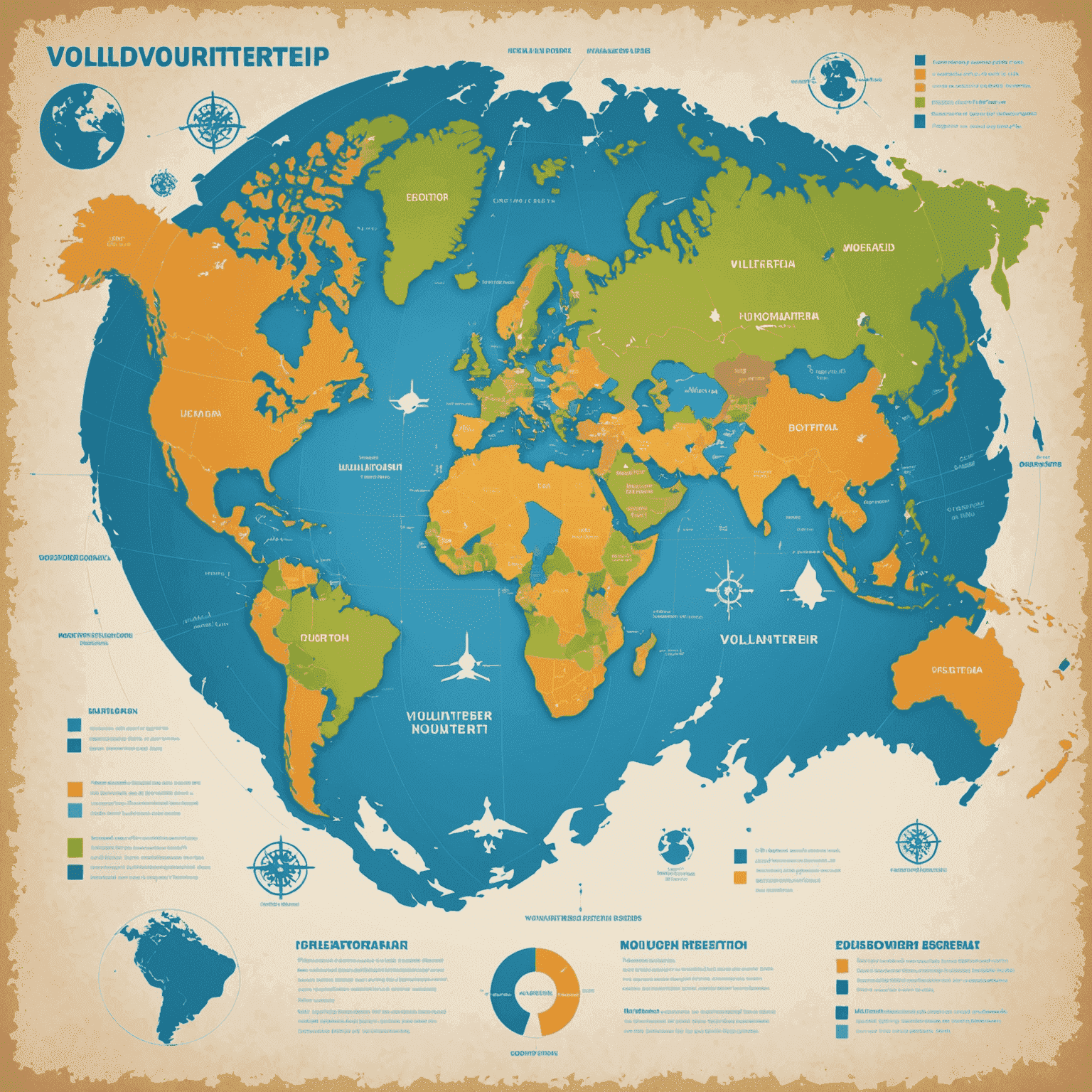 A world map with highlighted areas showing major volunteer efforts across different continents. Icons represent various causes such as education, healthcare, and environmental conservation, illustrating the global impact of volunteerism.
