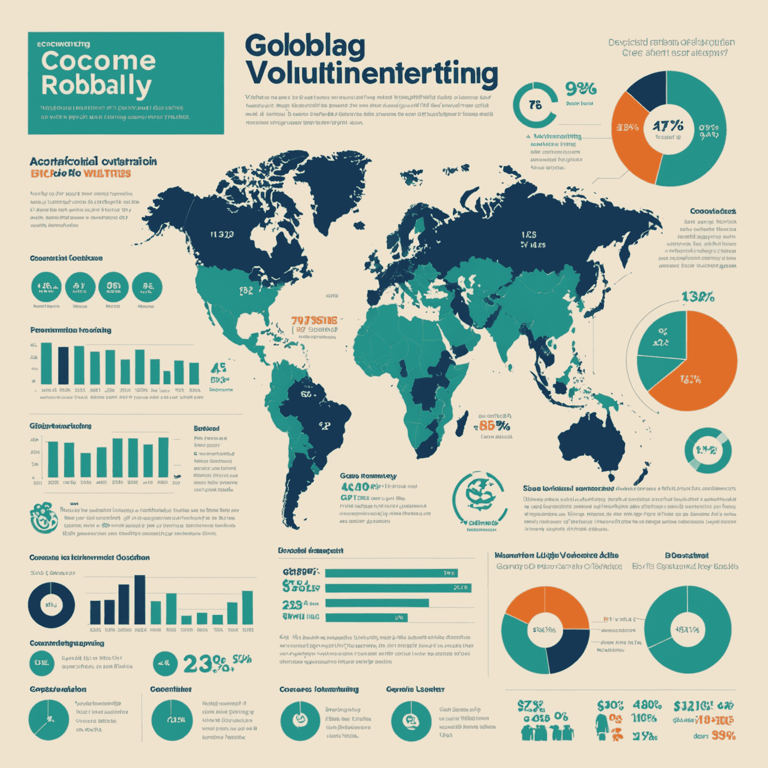 Infographic showing the economic impact of volunteering globally, with charts and statistics highlighting its contribution to GDP