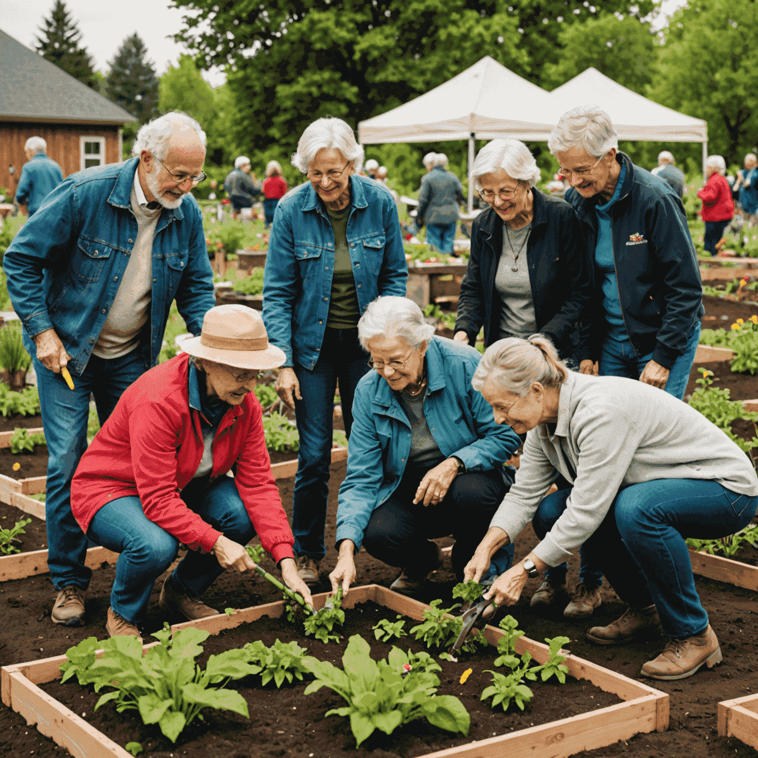 An intergenerational group of volunteers working together on a community garden project, showcasing the future trend of diverse age groups collaborating in volunteer efforts