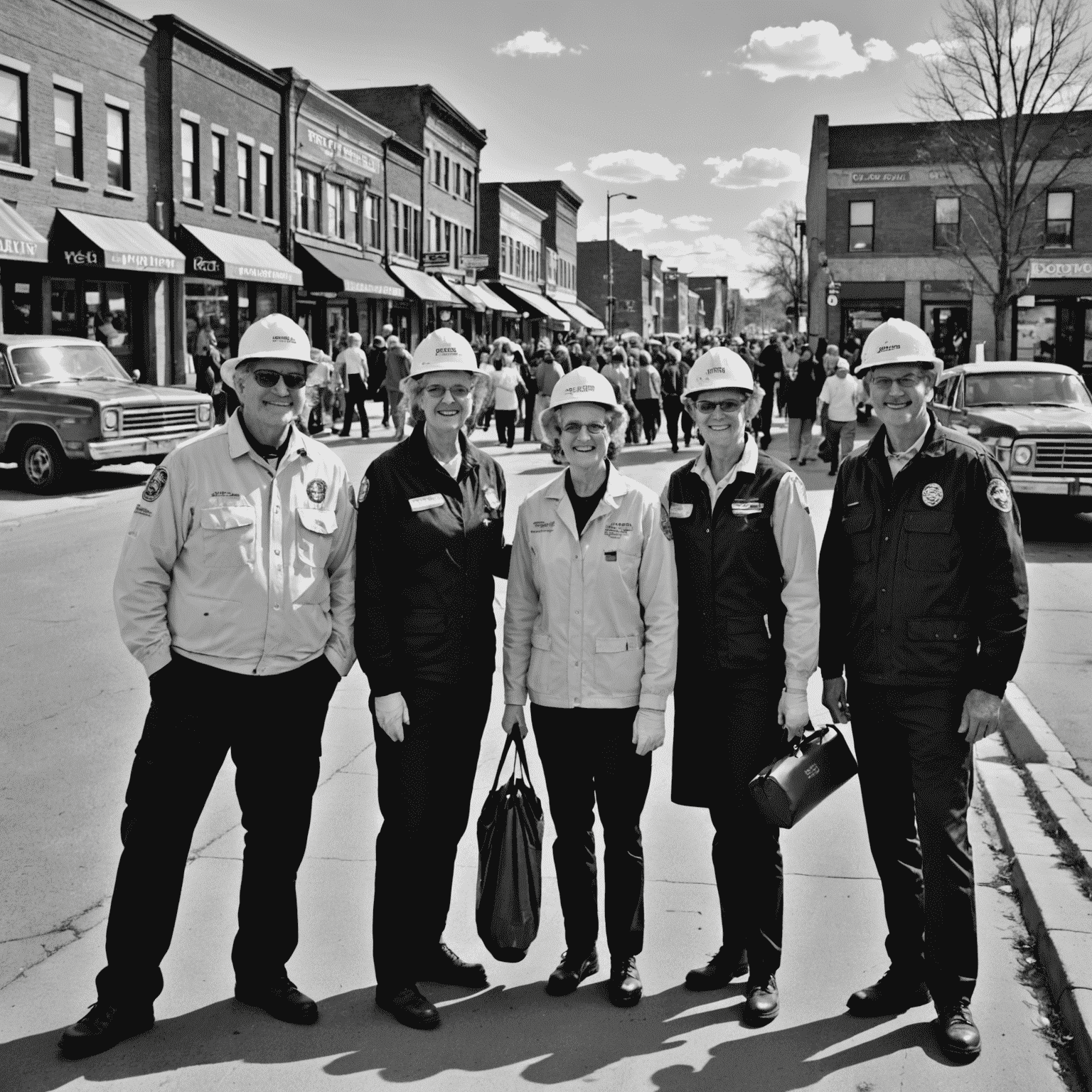 Black and white image of volunteers in Saskatoon, showcasing local community service activities and landmarks