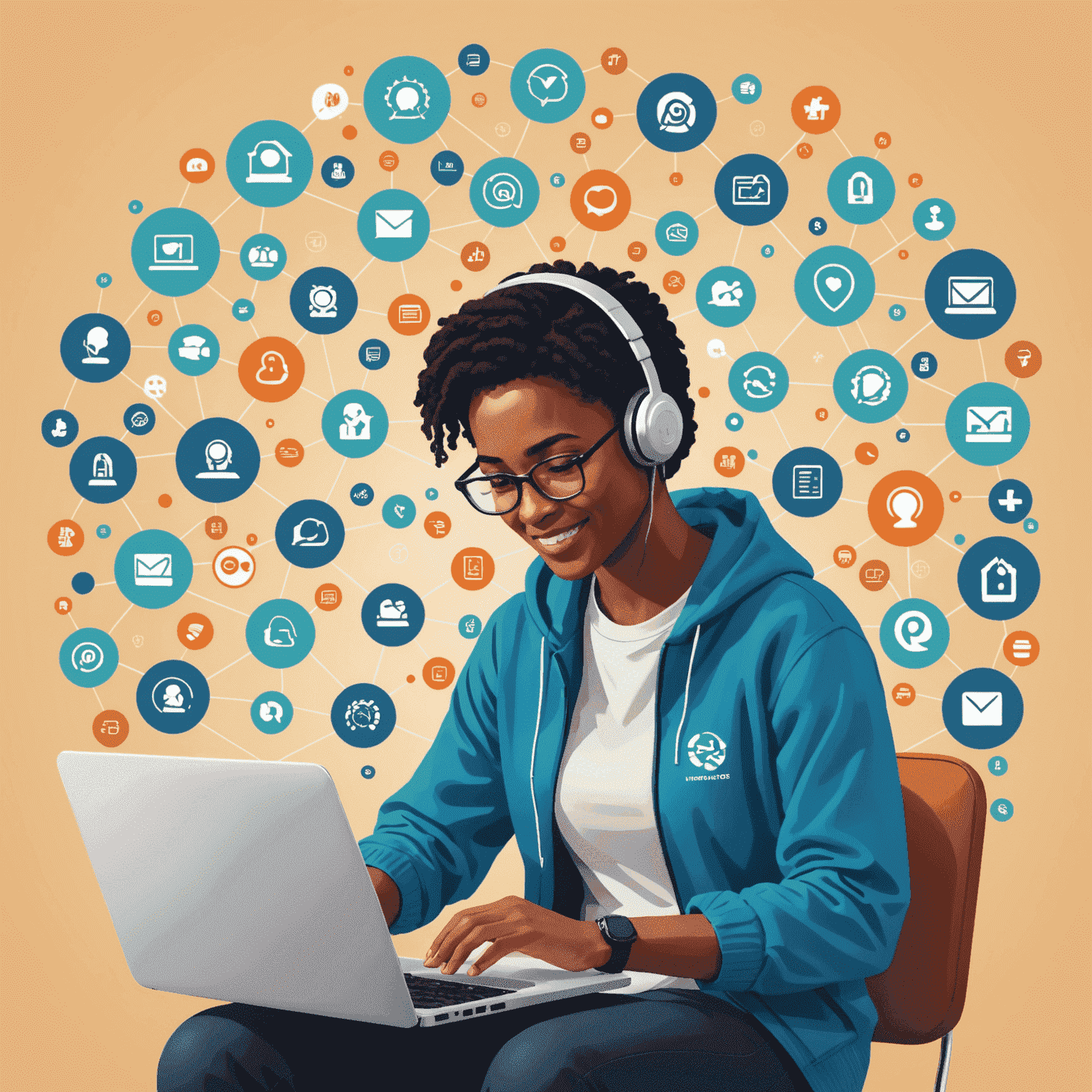 A modern, stylized illustration showing a person using a laptop or smartphone to engage in virtual volunteering. The image includes icons representing various online volunteer activities and global connectivity.