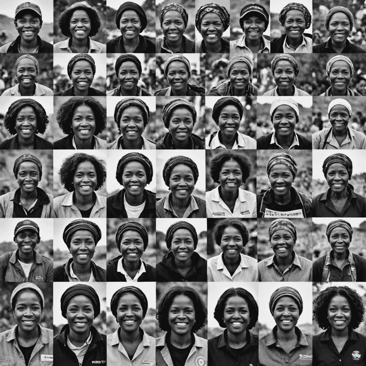 Black and white image montage of volunteers from around the world, showing diverse humanitarian efforts and social change movements