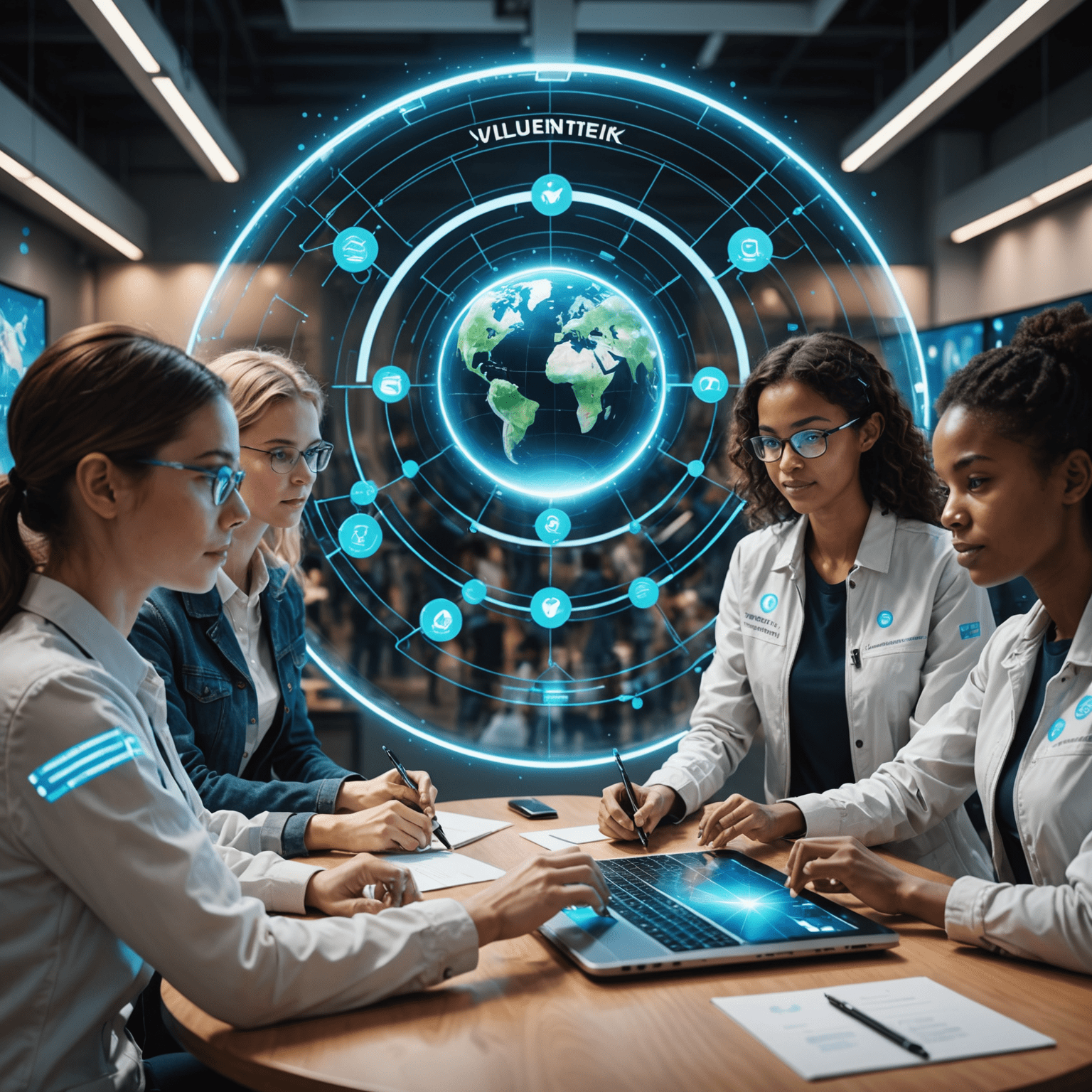 A futuristic representation of volunteering, showing holographic interfaces, AI assistants, and volunteers collaborating on global issues. The image suggests innovative approaches to addressing challenges through volunteerism.